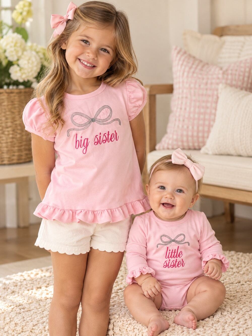 Blanks Boutique Big Sister Little Sister Matching Pink Outfit Set 5T 0-3M Bow